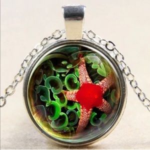 NEW Glass Cabochon Pendant Starfish In Seaweed Chain Necklace